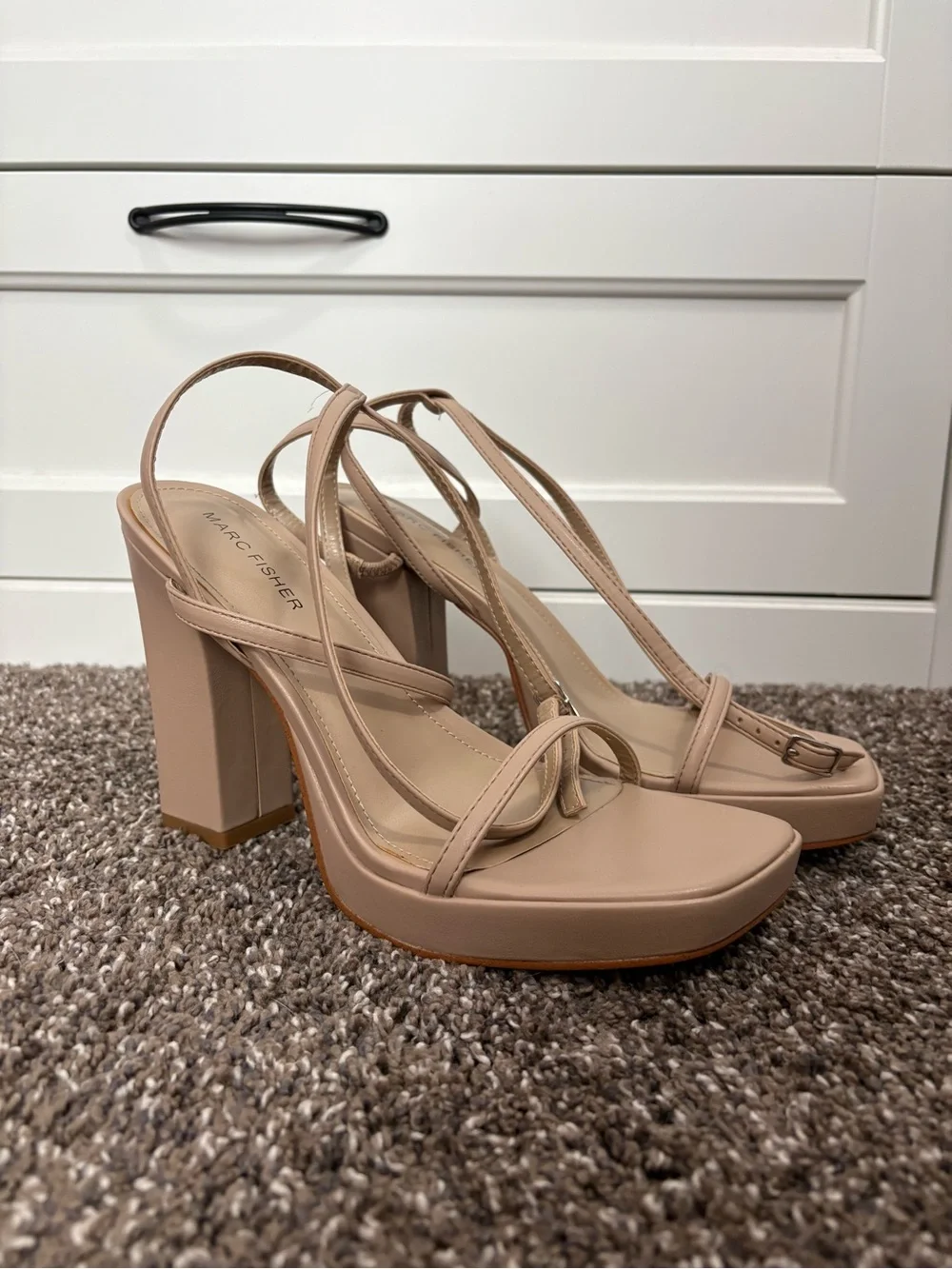Marc Fisher Blush Beige Platform Block Heel Ankle Wrap Sandals